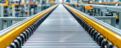 Manufacturing with speed assembly lines concept. Conveyor belt in a modern industrial setting photo