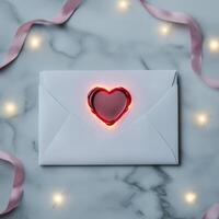 Valentine magical feelings. Love-themed envelope with heart detail and soft lighting. photo