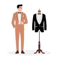 man in tuxedo standing next to mannequin in tuxedo vector