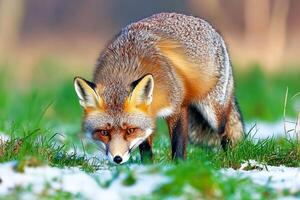 A fox foraging in a snowy field during winter. photo