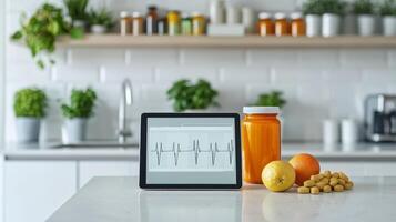 Telemedicine wellness and recovery in healthcare concept. Modern kitchen with tablet, fruits, and preserves on counter. photo