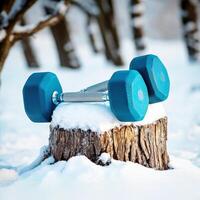 Winter fitness with a workout routine concept. Dumbbells on a snowy stump in a winter setting. photo
