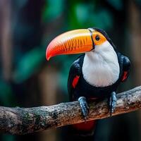 Colorful toucan perched on a branch in a lush environment. photo