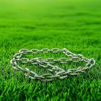 Success from overcoming adversity. Silver chain on green grass background. photo