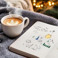 New Year dreams and planning. Cozy coffee and sketches on a warm blanket. photo