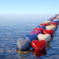 Valentine true love. Colorful hearts aligned on water surface in bright sunlight photo