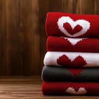 valentine cozy moment. Stacked cozy socks with heart patterns on wooden background photo