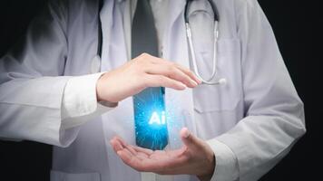 A doctor holding a glowing ai symbol in his hands photo