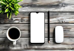Minimalist Office Desk Setup with Phone Mockup photo