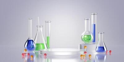 Lab glass composition with flasks containing blue, green liquids near cylindrical white podium platform 3d render photo