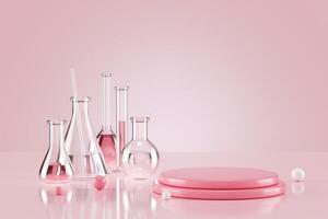 3D lab glass composition with beakers, flasks with transparent liquid on pink podium background. photo