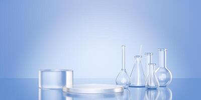 Lab glass research equipment with empty flasks, test tubes near transparent podium displays. 3d render mockup photo