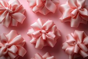 A row of pink bows are arranged in a pattern on a pink background photo