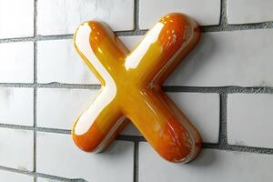 A large, yellow X on a white brick wall photo