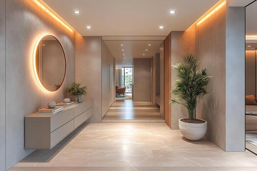 A large, open hallway with a white wall and a mirror photo