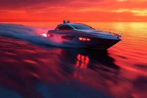 A boat is speeding through the water with a beautiful sunset in the background photo