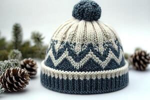A knitted hat with a blue stripe and white trim photo