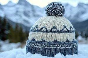 A knitted hat with a blue and white pattern sits on top of a snowy surface photo