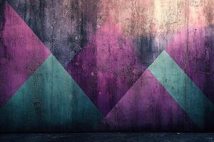 A wall with a colorful design of triangles and squares photo