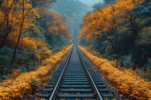 A train track with leaves on it photo