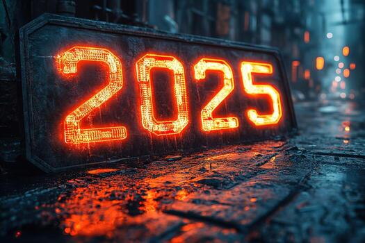 A neon sign with the number twenty-five glowing in the rain photo