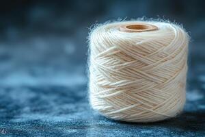 A white yarn is sitting on a blue surface photo