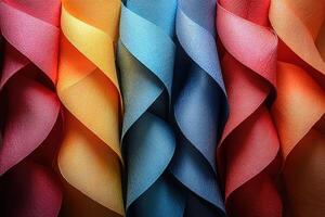 A series of colorful fabric rolls with a rainbow pattern photo