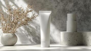 Mockup template of cosmetic tube cream 50ml on gray concrete stone background minimalist with dried flowers. Natural hard lighting and shadows photo