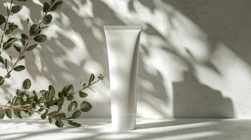 Mockup template of cosmetic tube cream 50ml on gray concrete stone background minimalist with green leaves. Natural hard lighting and shadows photo