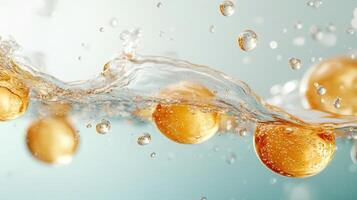 Abstract background of oil drops floating in water macro shot forming a yellow pattern. Cosmetics photo
