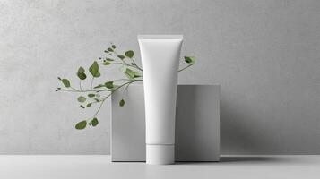 Mockup of cosmetic tube cream 50ml on concrete stone stand on gray background minimalist with green leaves. No branding, label template. Natural hard lighting and shadows photo