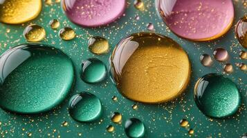 Mesmerizing macro view of oil droplets in stunning green, magenta, and gold hues. Abstract background photo