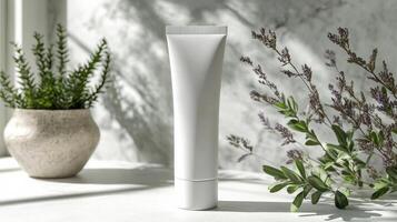 Mockup template of cosmetic tube cream 50ml on gray concrete stone background minimalist with green leaves. Natural hard lighting and shadows photo