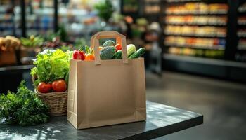 Mockup blank template craft package filled with vegetables in a grocery store setting. Eco friendly photo