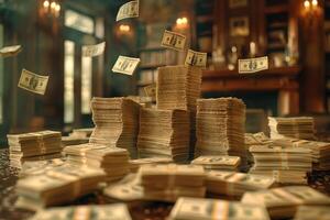 Cascading bills create a dazzling spectacle in an opulent library setting. photo