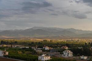Lush green fields and distant mountains under an overcast sky at dusk photo