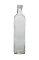 Clear glass bottle standing upright on a neutral background, showcasing simplicity and elegance in design photo