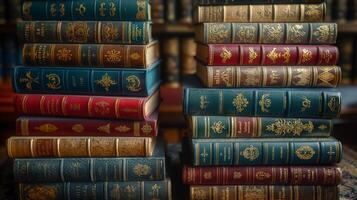 Old leather-bound books stacked elegantly in a warm, inviting library setting. photo