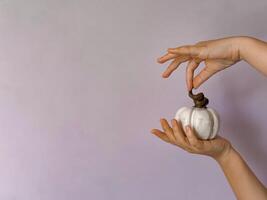 Close up of hand holding small white ceramic pumpkin with twisted brown stem against soft lavender background with copy space. Minimalist and symbolic representation of autumn, Halloween fall decor. photo