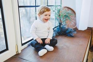 Smiling little boy 1 year old on the background of Christmas decorations at home. Home New Year's atmosphere. photo