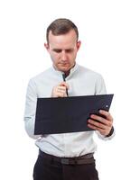 man businessman, a teacher, a mentor, study and sign documents a new Business Projects. Isolated on white background photo