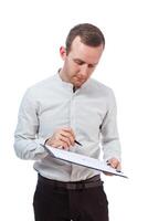 man businessman, a teacher, a mentor, study and sign documents a new Business Projects. Isolated on white background photo