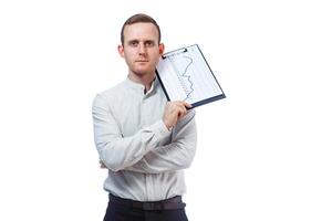man businessman, a teacher, a mentor, study and sign documents a new Business Projects. Isolated on white background photo