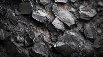Close up of a rock with a black and grey color. The rock is rough and has a lot of cracks photo