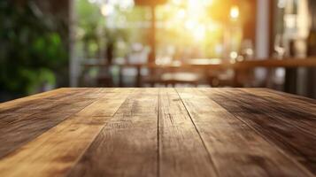 Wooden table with a view of a restaurant. The table is empty and the view of the restaurant is in the background photo