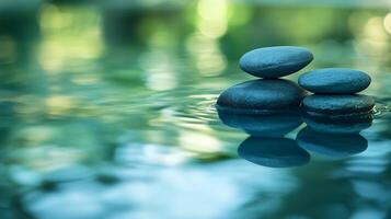 Three large rocks are floating on the surface of a calm body of water. The water is a deep blue color, and the rocks are scattered throughout the scene photo