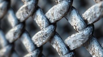 Close up of a chain link fence with a chain link fence. The chain link fence is rusted and dirty, giving it a worn and weathered appearance photo