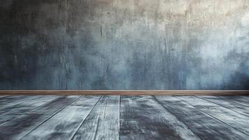 Large empty room with a wooden floor and a wall. The room is bare and empty, with no furniture or decorations. The wooden floor and wall give the room a rustic and natural feel photo