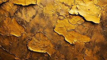 Wall with a gold-toned texture, giving it a vintage and rustic appearance. The wall is covered in cracks and peeling paint, adding to its aged and weathered look photo