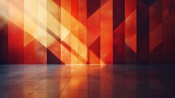 Room with a red wall and a floor with a pattern of squares. The room is empty and the sun is shining through the window photo